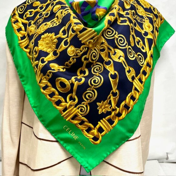 Elegance Soft   Celine Paris  Scarf  100% Silk 34"x35"Green black Gold Chain(S75 - Picture 2 of 9